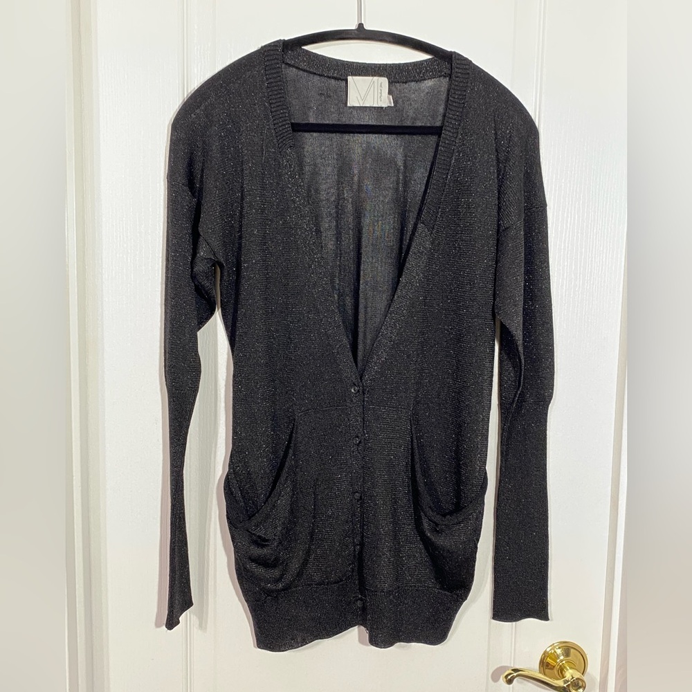 Michael Stars Metallic Semi Sheer Draped Pocket Cardigan Black Size 1 (S/M)